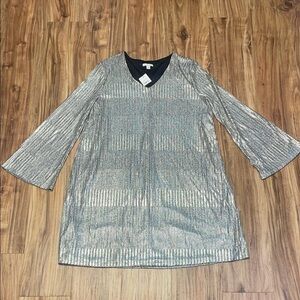 Cato women’s dress large 12 14 mini Silver goldMetallic Long Sleeve knit NWT